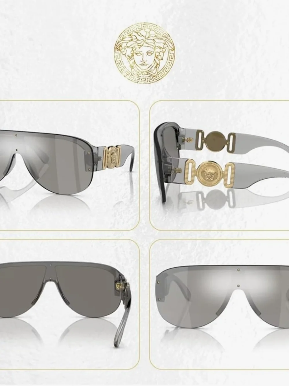 Authentic Versace Shield Sunglasses in Silver with Gold Rivet Accents STYLE:4391